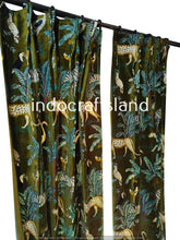 Indischer Baumwoll-Samtvorhang, Vogeldruck-Vorhang, Boho-Vorhang, Luxus-Vorhänge, Geschenk zur Wohnungserwärmung, buntes Dekor, grüne Farbe mit Gürtel